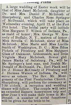 Marriage Notice for Charles Ross SPRINGER to Janet McINTOSH, Wed., April 12, 1911