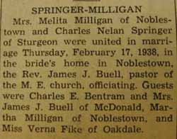Marriage Notice for Charles Nelan SPRINGER to Mrs. Melita Milligan, 17 Feb 1938