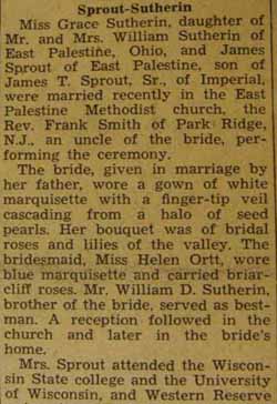 Part 1 Marriage Notice for James SPROUT to Grace Sutherin, no date, in 7-19-1940 paper
