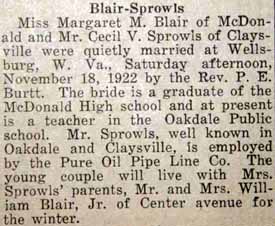 Marriage Notice for Cecil V. SPROWLS to Margaret M. Blair, 18 Nov 1922