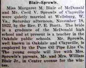 Marriage Notice for Cecil V. SPROWLS to Margaret M. Blair, 18 Nov 1922