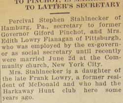 Wedding Notice of Percival Stephen STAHLNECKER to Mrs. Edith LOWRY FLANAGAN, June 2, 1928
