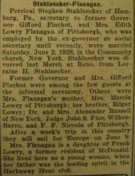 Marriage Notice for Percival Stephen STAHLNECKER to Mrs. Edith Lowry Flanagan, 2 Jun 1928