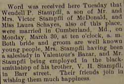 Marriage Notice for Wendell P. STAMPFLI to Miss Laura SCHAYES, Mon., March 30, 1914