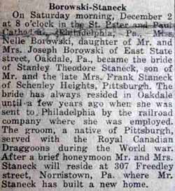 Marriage Notice for Stanley Theodore STANECK to Nelle Borowski, 2 Dec 1922