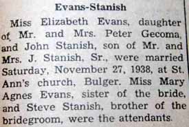 Marriage Notice for John STANISH to Elizabeth Evans, 27 Nov 1938
