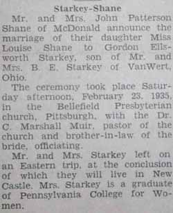Marriage Notice for Gordon Ellsworth STARKEY to Louise Shane, 23 Feb 1935