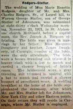 Marriage Notice for Warren George STATLER to Marie Renetta Rodgers, 23 Nov 1921