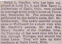 Marriage Notice for Ralph L. STAUFFER to Tracey L. Auckerman, 24 Sep 1908