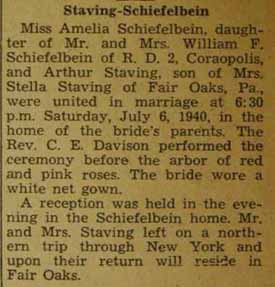 Marriage Notice for Arthur STAVING to Amelia Schiefelbein, 6 Jul 1940