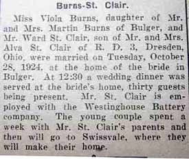 Marriage Notice for Ward ST. CLAIR to Viola Burns, 28 Oct 1924