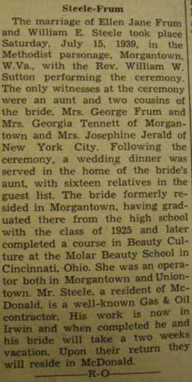 Marriage Notice for William E. STEELE to Ellen Jane Frum, 15 Jul 1939