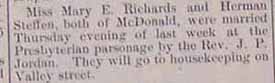 Marriage Notice for Herman STEFFEN to Mary E. RICHARDS, Thurs., no date, 1910