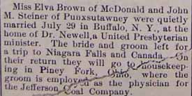 Marriage Notice for Doctor John M. STEINER to Miss Elva BROWN, 29 Jul 1912