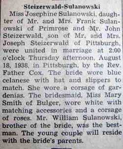 Marriage Notice for John STEIZERWALD to Josephine Sulanowski, 18 Aug 1938