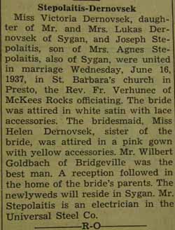 Marriage Notice for Joseph STEPOLAITIS to Victoria Dernovsek, 16 Jun 1937