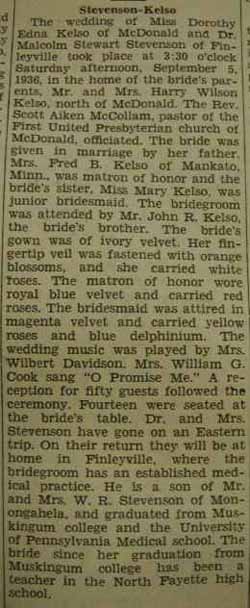 Marriage Notice for Malcolm Stewart STEVENSON to Dorothy Edna Kelso, 5 Sep 1936