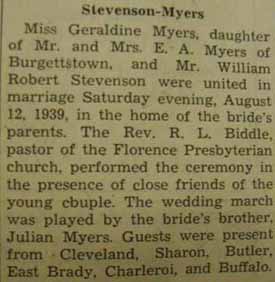 Marriage Notice for William Robert STEVENSON to Geraldine Myers, 12 Aug 1939