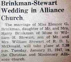 Marriage Notice for William H. STEWART to Eleanor G. Brinkman, 21 Jan 1947