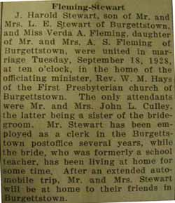 Article 1 Marriage Notice for  J. Harold STEWART to Verda A. FLEMING, Tues. 18 Sep 1928