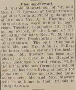 Article 2 Marriage Notice for J. Harold STEWART to Verda A. FLEMING, Tues. 18 Sep 1928