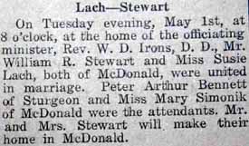 Marriage Notice for William R. STEWART to Susie Lach, 1 May 1923