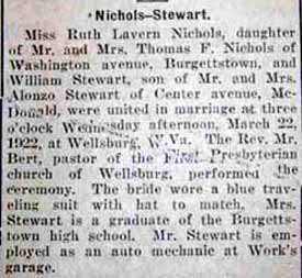 Marriage Notice for William STEWART to Ruth Lavern Nichols, 22 Mar 1922