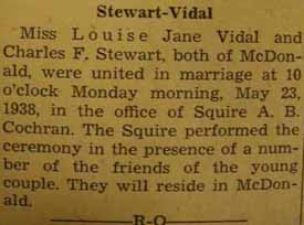 Marriage Notice for Charles F. STEWART to Louise Jane Vidal, 23 May 1938