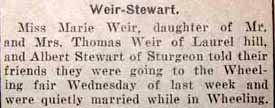Marriage Notice for Albert STEWART to Marie Weir, no date, in 9-12-1924 paper