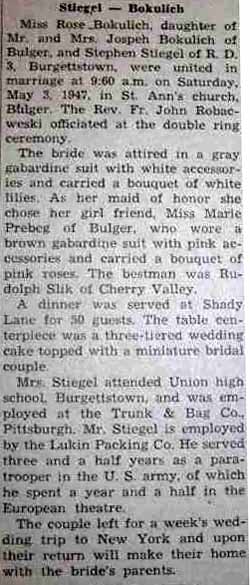 Marriage Notice for Stephen STIEGEL to Rose Bokulich, 3 May 1947