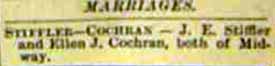 Marriage Notice for J. E. STIFFLER to Ellen J. Cochran, no date, in 12-5-1896 paper