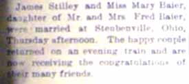 Marriage Notice for James STILLEY to Mary Baier, no date, in 4-6-1907 paper