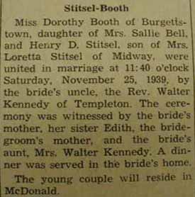 Marriage Notice for Henry D. STITSEL to Dorothy Booth, 25 Nov 1939