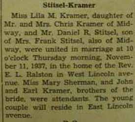 Marriage Notice for Daniel R. STITSEL to Lila M. Kramer, 11 Nov 1937