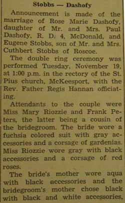 Marriage Notice for Eugene STOBBS to Rose Marie Dashofy, 19 Nov 1946