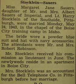 Marriage Notice for Harry STOCKLEIN to Margaret Jane Sauers, 24 May 1943