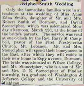 Marriage Notice for David STONECIPHER to Miss Anne Edna SMITH, Mon., March 22, 1915