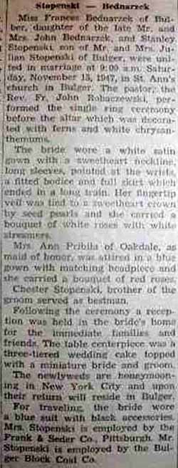 Marriage Notice for Stanley STOPENSKI to Frances Bednarzek, 15 Nov 1947