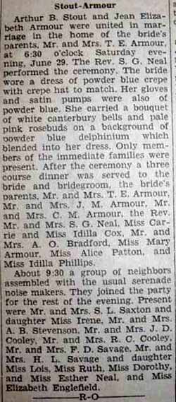Marriage Notice for Arthur B. STOUT to Jean Elizabeth Armour, 29 Jun 1935
