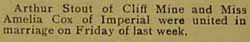 Marriage Notice for Arthur STOUT to Amelia Cox, no date, in 6-21-1912 paper