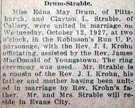 Marriage Notice for Clayton L. STRABLE to Edna May Drum, 12 Oct 1927