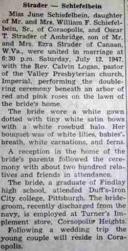 Marriage Notice for Oscar T. STRADER to June Schiefelbein, 12 Jul 1947