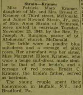 Marriage Notice for James Howard STRAIN, Jr. to Patricia Mary Kramer, 23 Nov 1943
