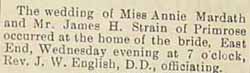 Marriage Notice for James H. STRAIN to Miss Annie MARDATH, Weds., no date, 1906, in paper 1-31-1906-record