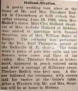 Marriage Notice for Samuel STRATTON to Cleo Holland, 19 Jun 1926
