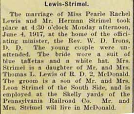 Marriage Notice for Herman STRIMEL to Pearle Rachel Lewis, 4 Jun 1917