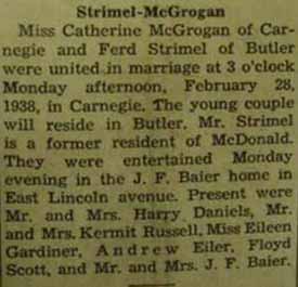 Marriage Notice for Ferd STRIMEL to Catherine McGrogan, 28 Feb 1938