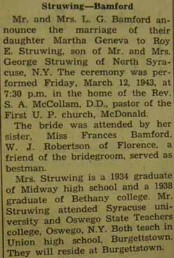 Marriage Notice for Roy E. STRUWING to Martha Geneva Bamford, 12 Mar 1943