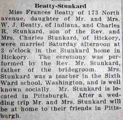 Marriage Notice for Charles R. STUNKARD to Frances Beatty, no date, in 2-7-1929 paper