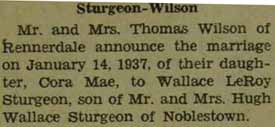 Marriage Notice for Wallace LeRoy STURGEON to Cora Mae Wilson, 14 Jan 1937